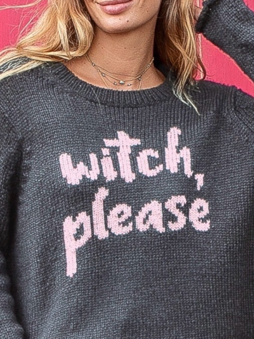 Wooden Ships Charcoal Knit Sweater with Pink Script Witch - Picture 2 of 6